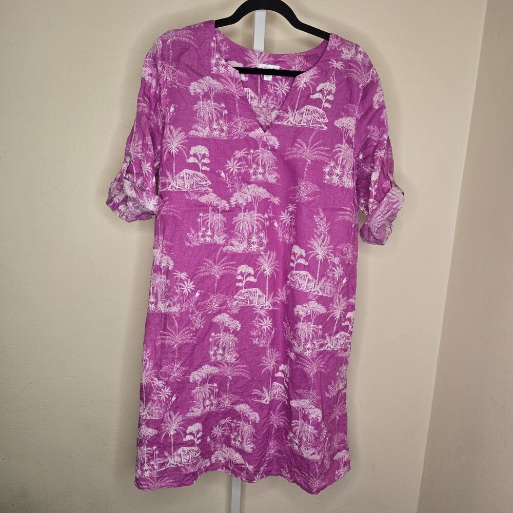 J. Jill Love Linen Easy Linen A-Line Dress Size L Dagon Fruit Tropical Toile